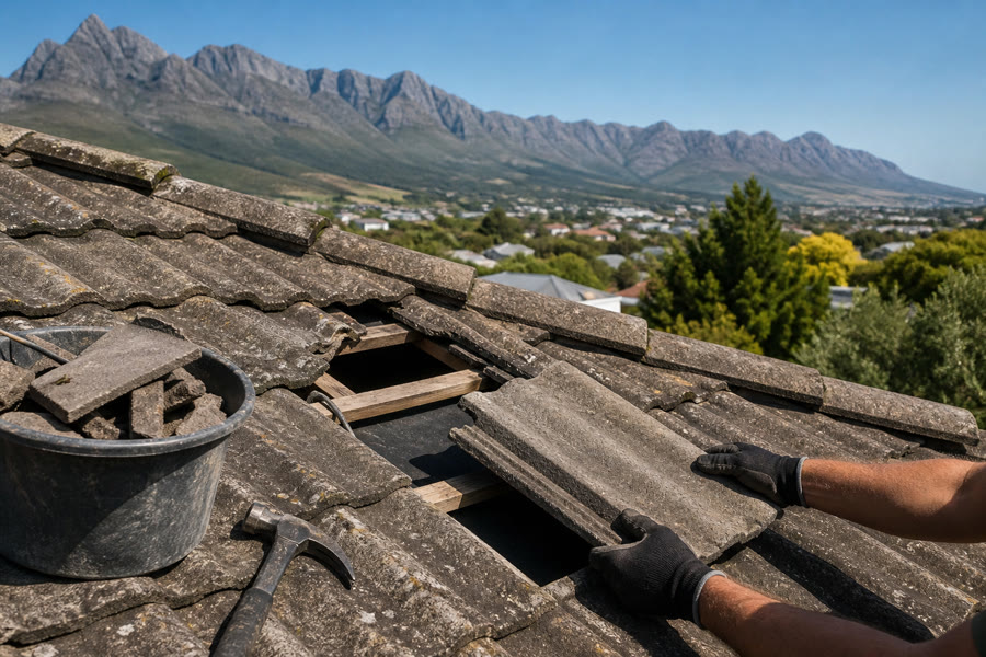Cracked roof tile being replaced on battens over underlay, bucket of broken tiles, Helderberg behind.